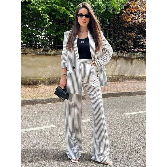 Zara Women Blazer Jacket XS White Striped Oversized Double Breasted 3455/543 NWT - Picture 3 of 13